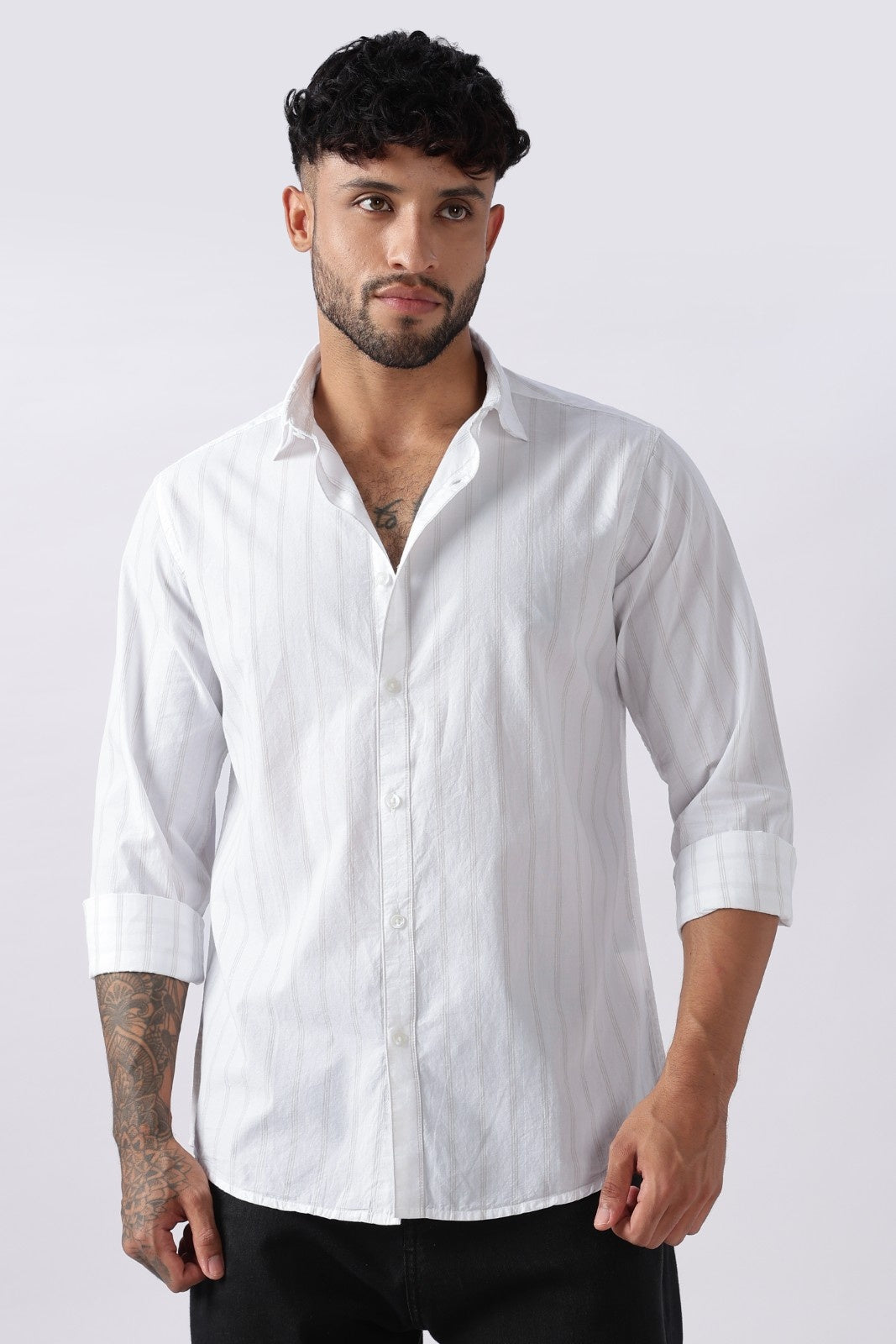Pearl White Subtle Stripe Cotton Shirt Uri