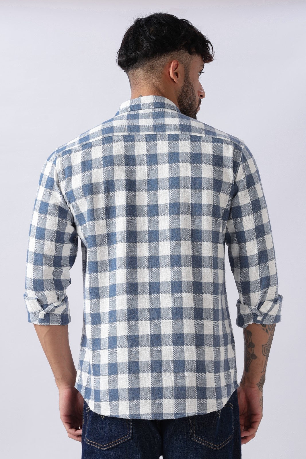 Slate Blue Dobby Check Casual Shirt Uri