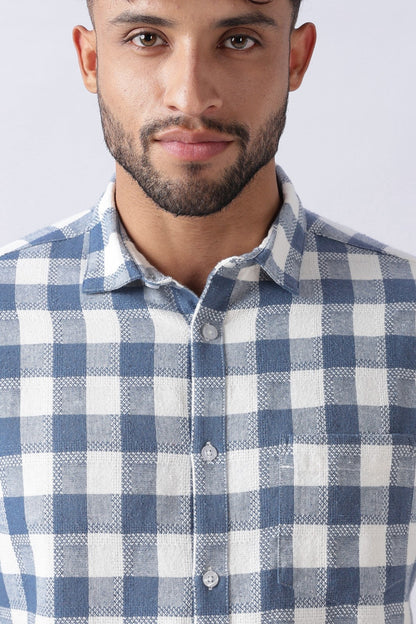 Slate Blue Dobby Check Casual Shirt Uri
