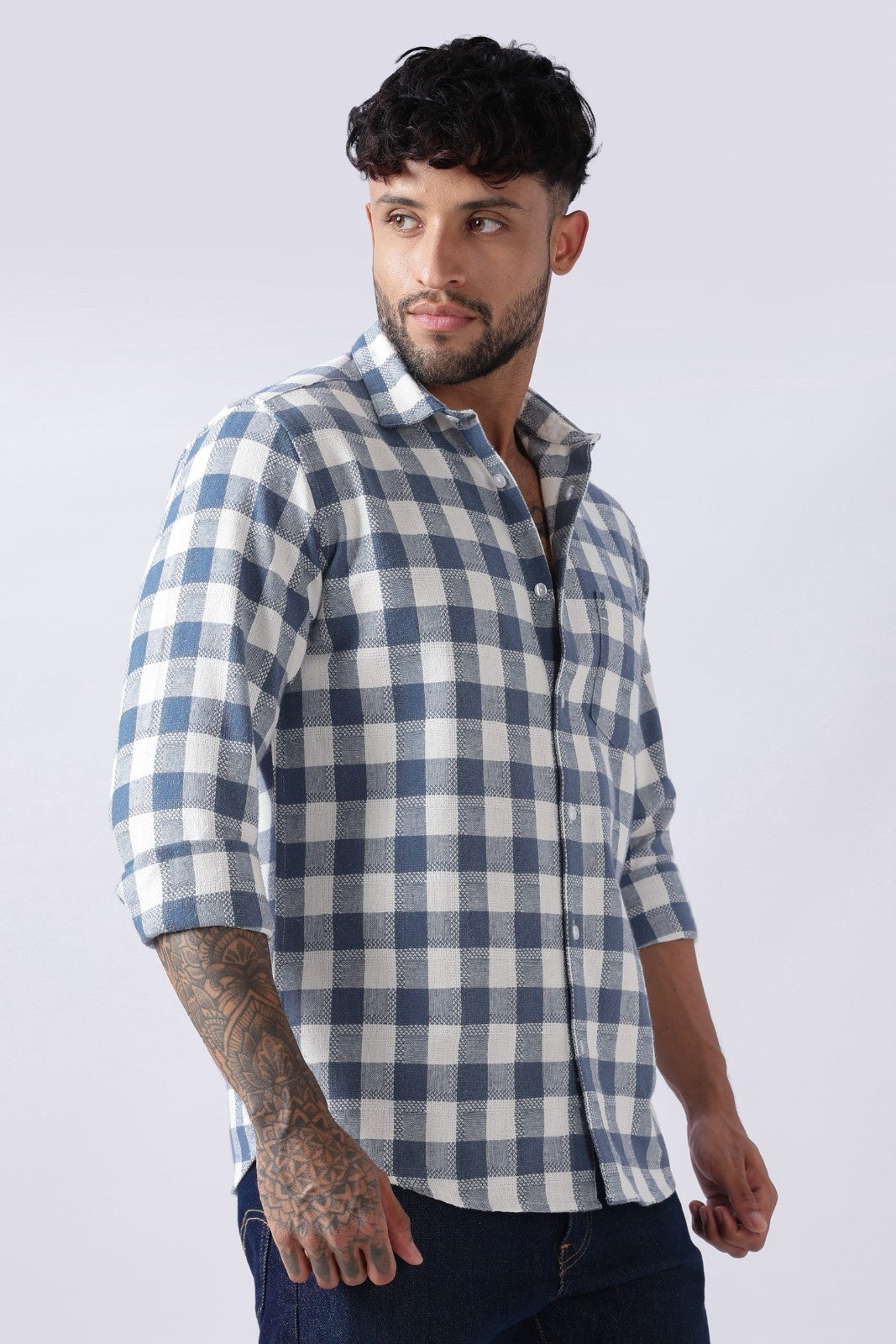 Slate Blue Dobby Check Casual Shirt Uri