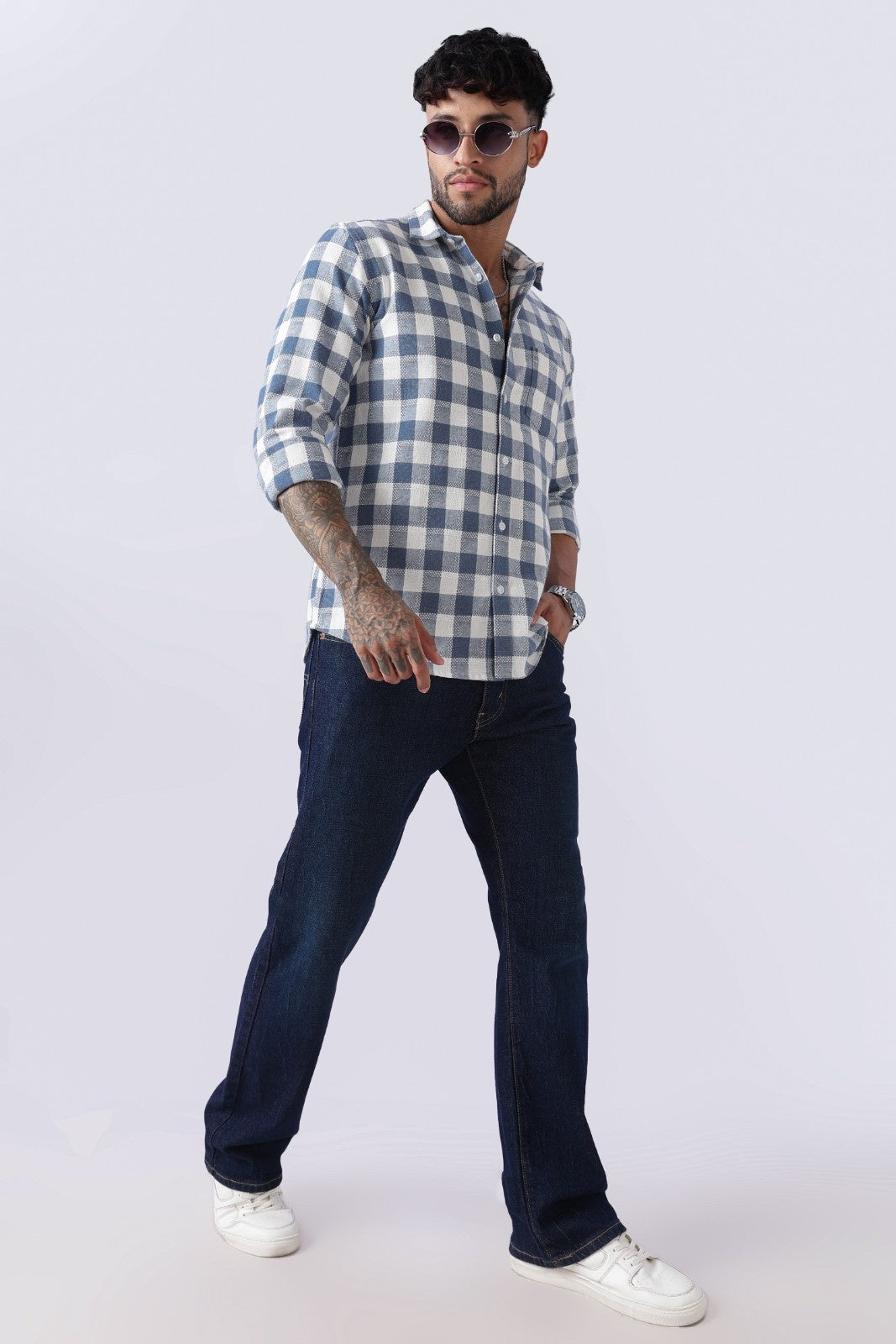Slate Blue Dobby Check Casual Shirt Uri