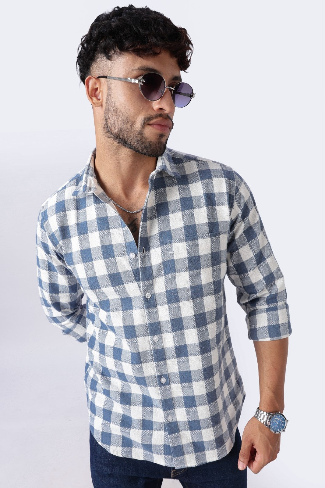 Slate Blue Dobby Check Casual Shirt Uri