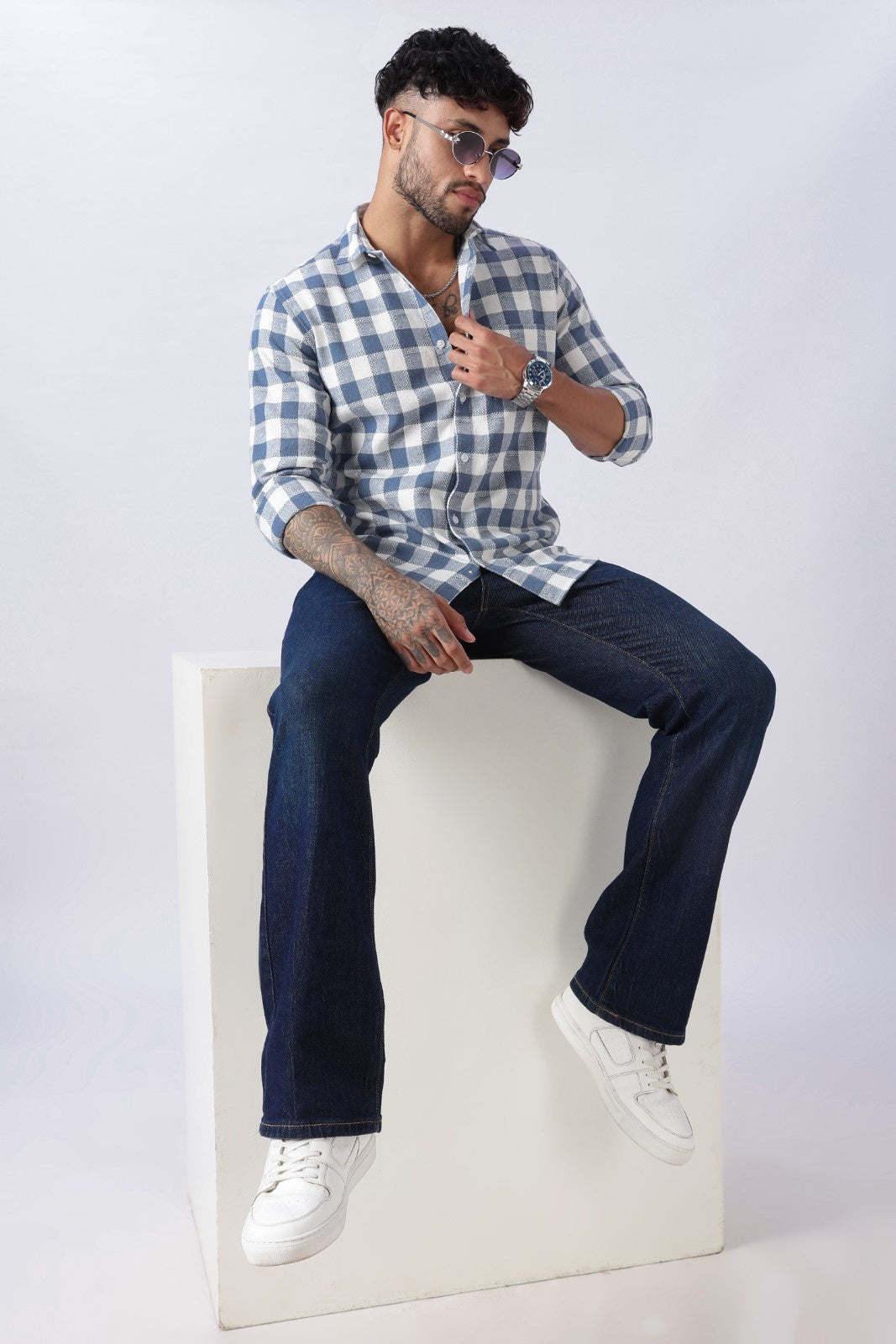 Slate Blue Dobby Check Casual Shirt Uri