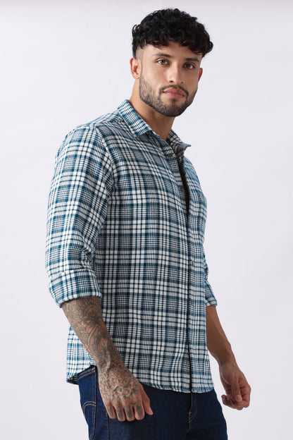 Teal Twill Check Regular Fit Cotton Shirt Uri