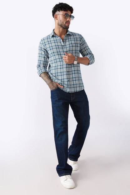 Teal Twill Check Regular Fit Cotton Shirt Uri