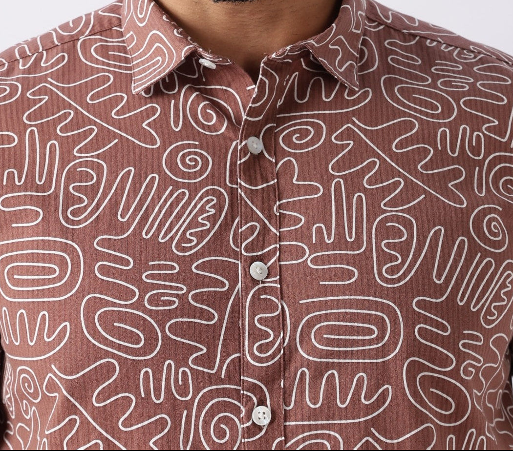 Mocha Brown Abstract Print Cotton Shirt Uri
