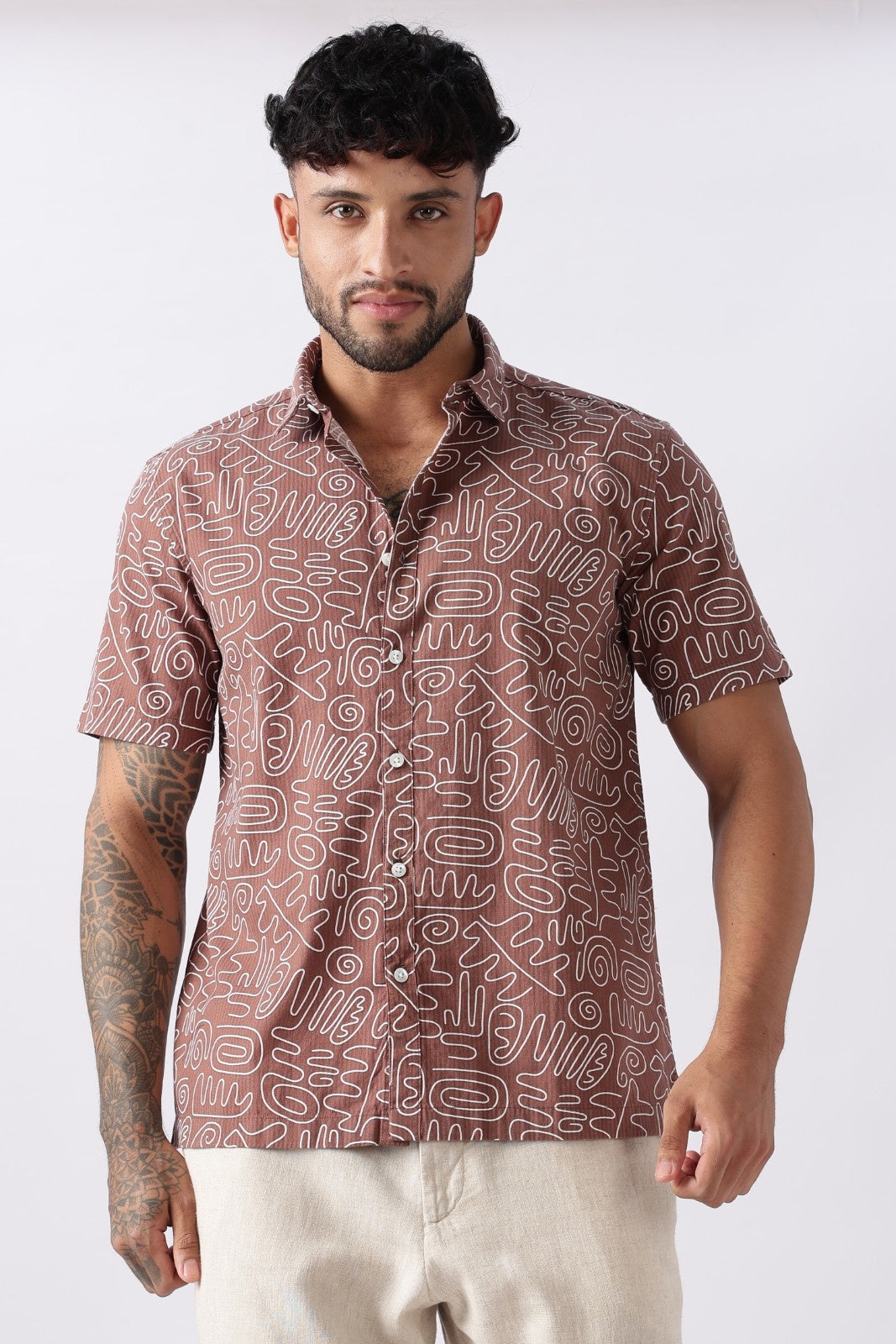 Mocha Brown Abstract Print Cotton Shirt Uri
