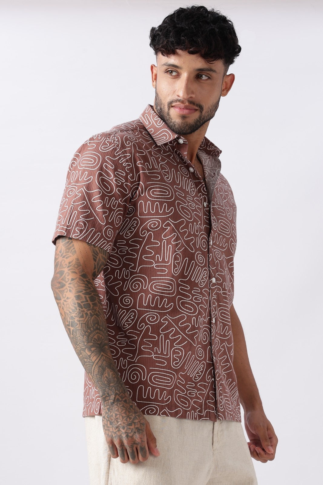 Mocha Brown Abstract Print Cotton Shirt Uri