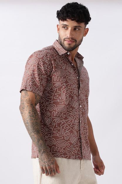 Mocha Brown Abstract Print Cotton Shirt Uri