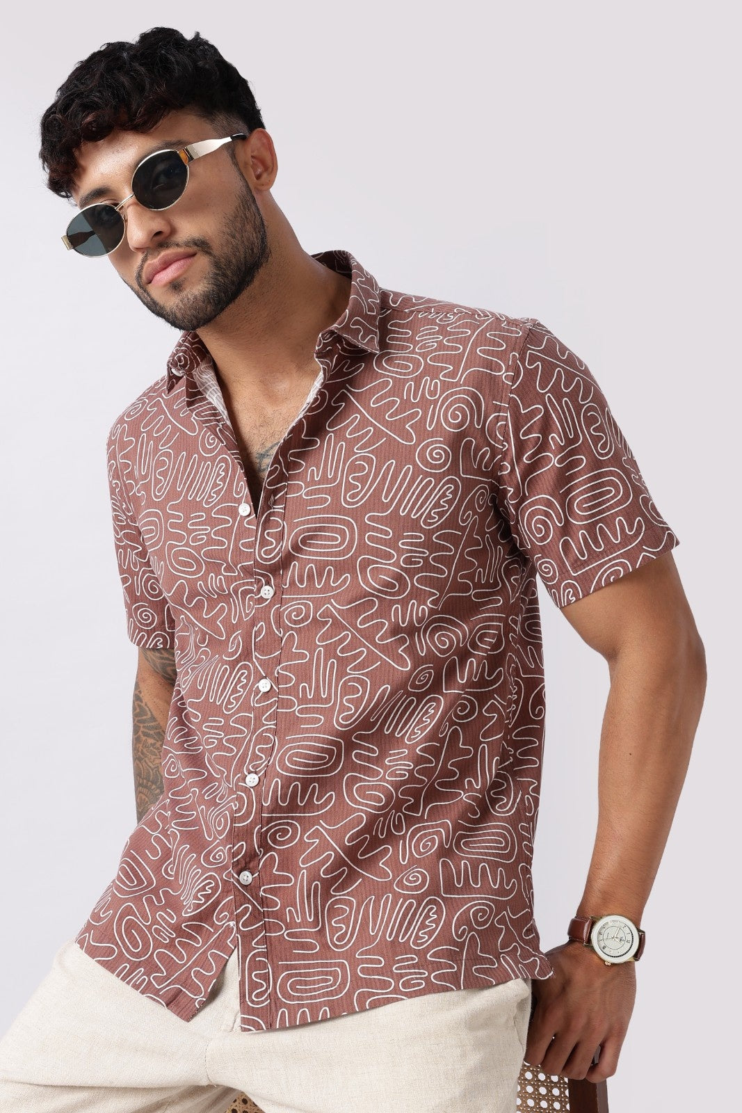 Mocha Brown Abstract Print Cotton Shirt Uri