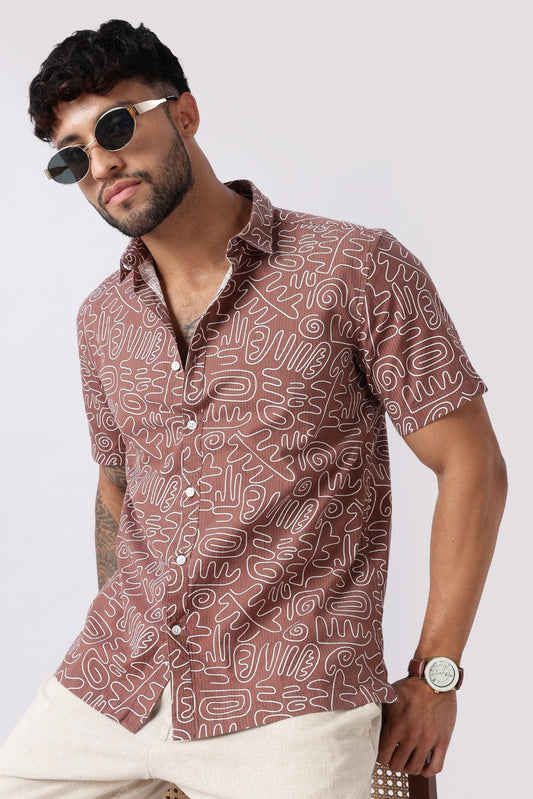 Mocha Brown Abstract Print Cotton Shirt Uri