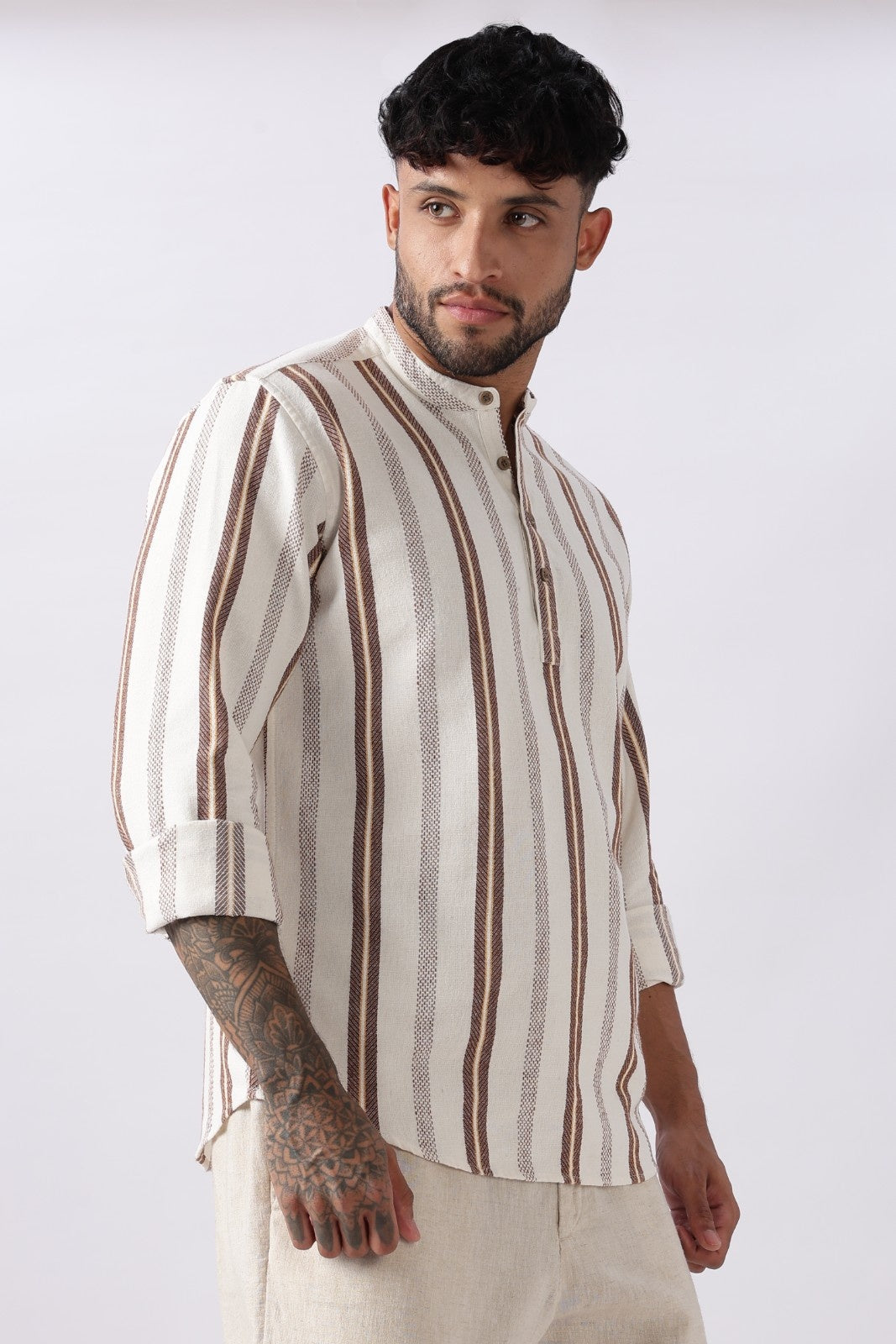 Off White Dobby Stripe Short Kurta Uri