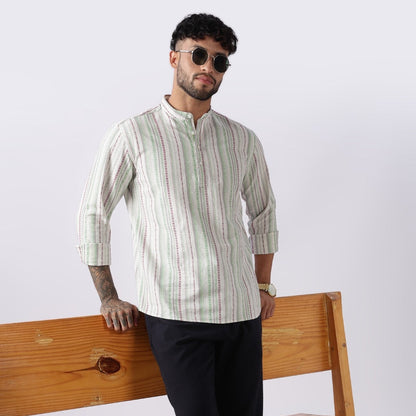 Ivory Green Dobby Stripe Short Kurta