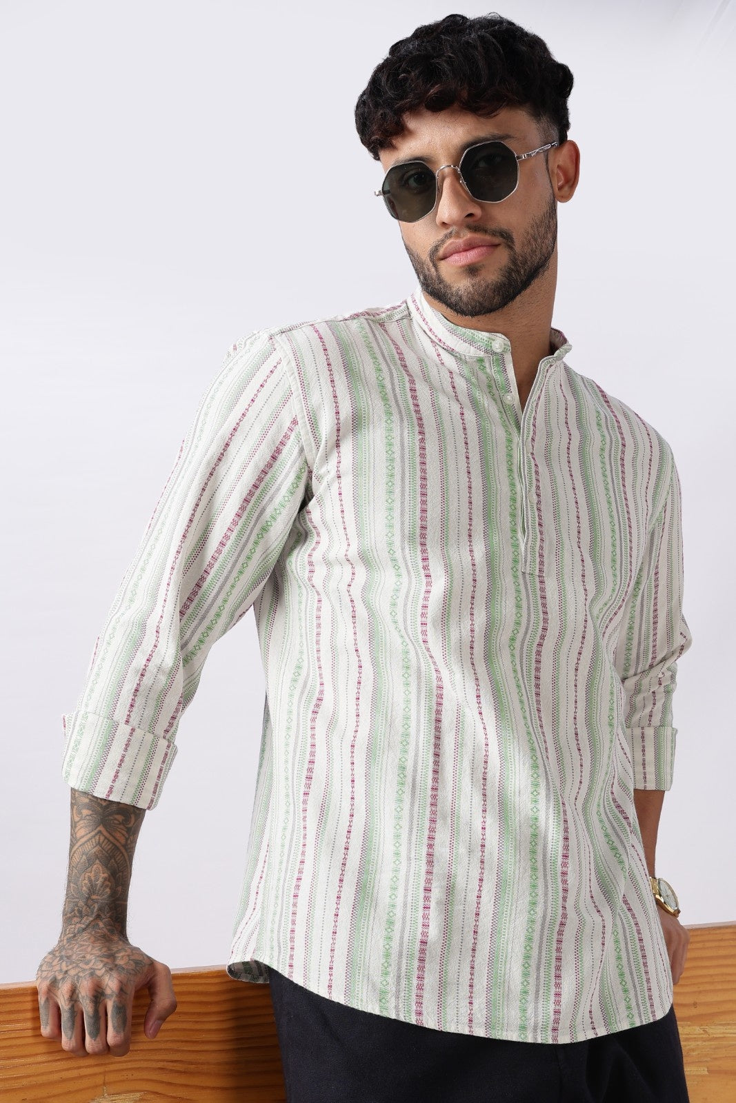 Ivory Green Dobby Stripe Short Kurta Uri