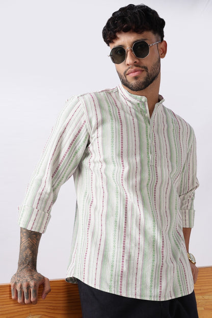 Ivory Green Dobby Stripe Short Kurta Uri