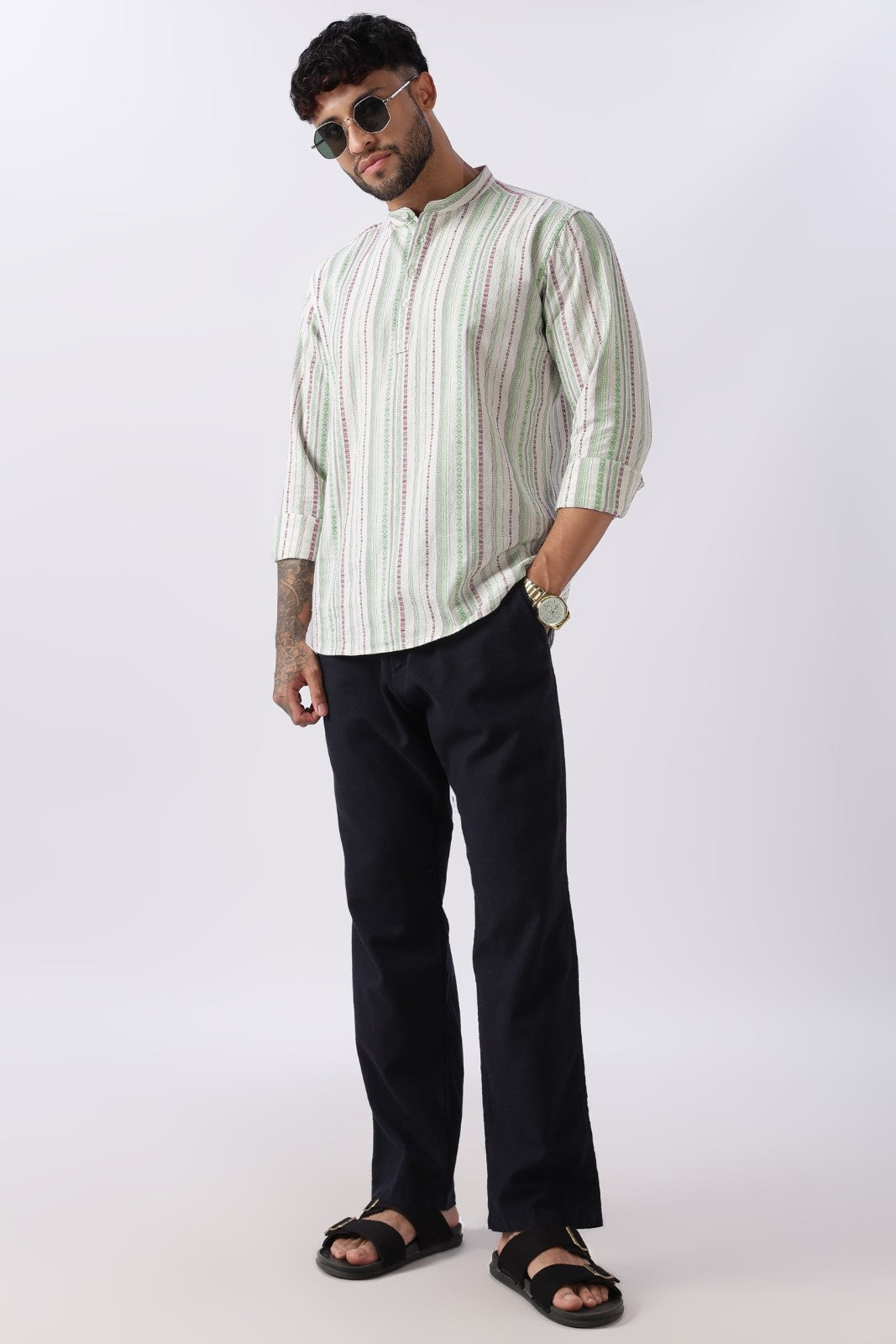 Ivory Green Dobby Stripe Short Kurta Uri