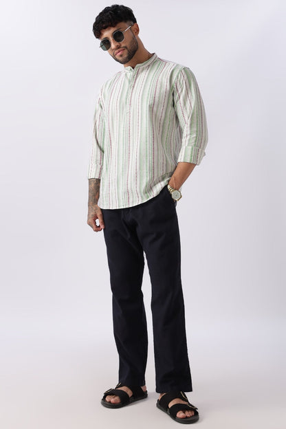 Ivory Green Dobby Stripe Short Kurta Uri