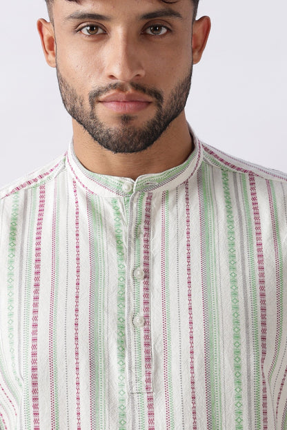 Ivory Green Dobby Stripe Short Kurta