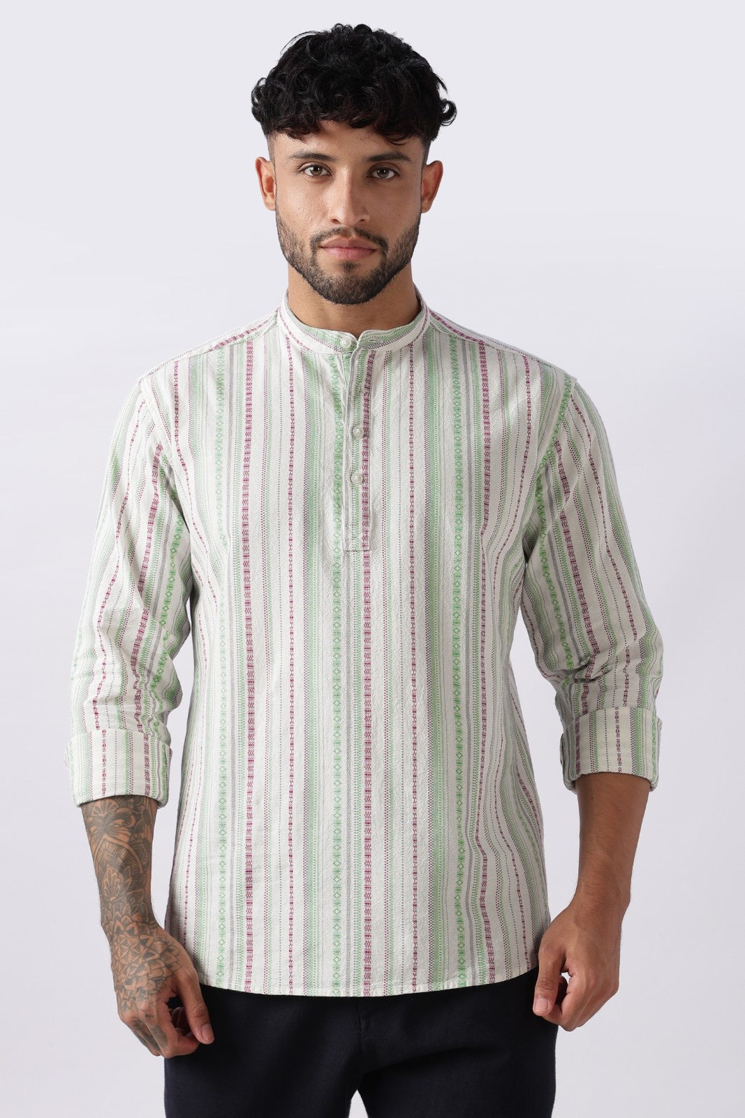 Ivory Green Dobby Stripe Short Kurta Uri