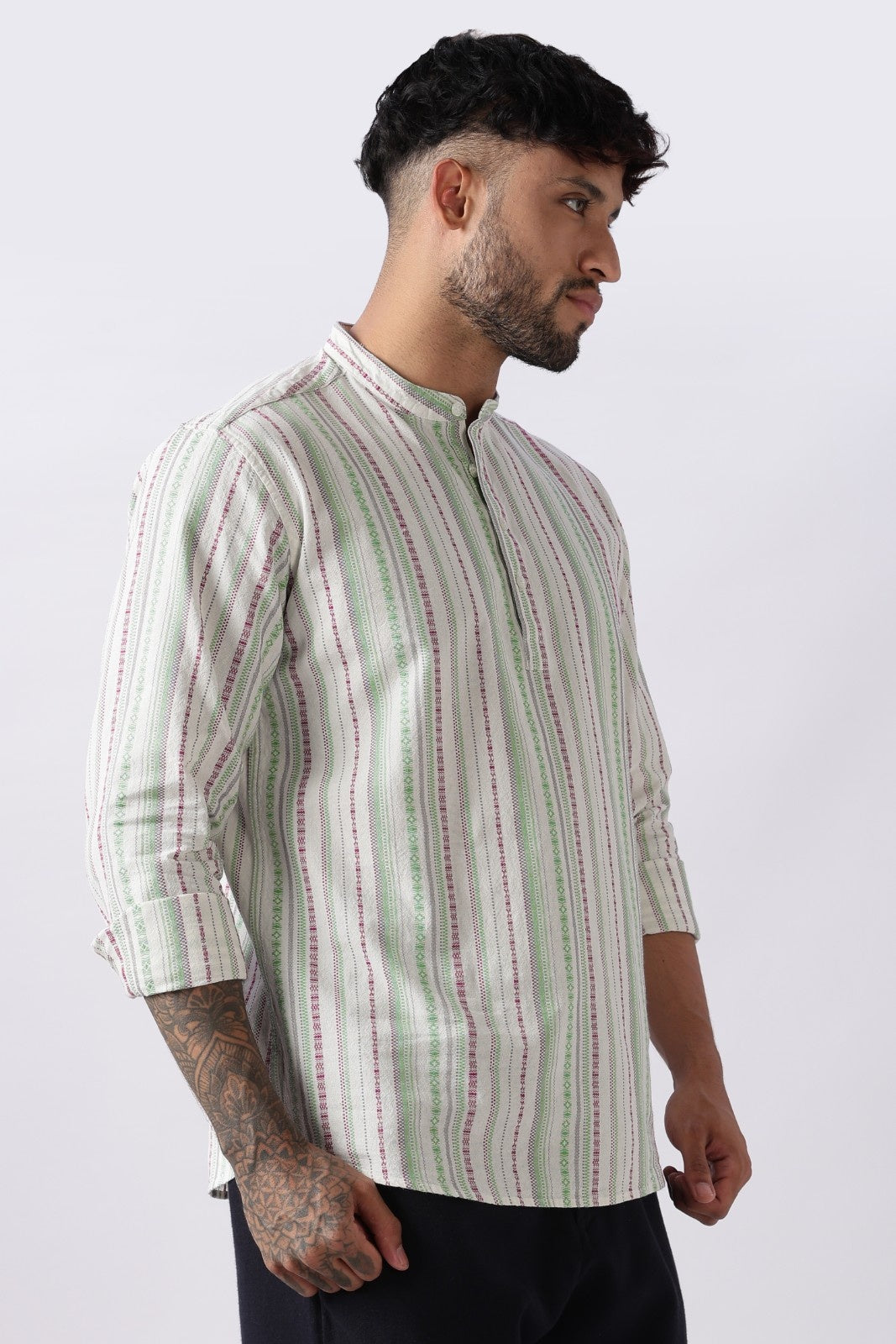Ivory Green Dobby Stripe Short Kurta Uri