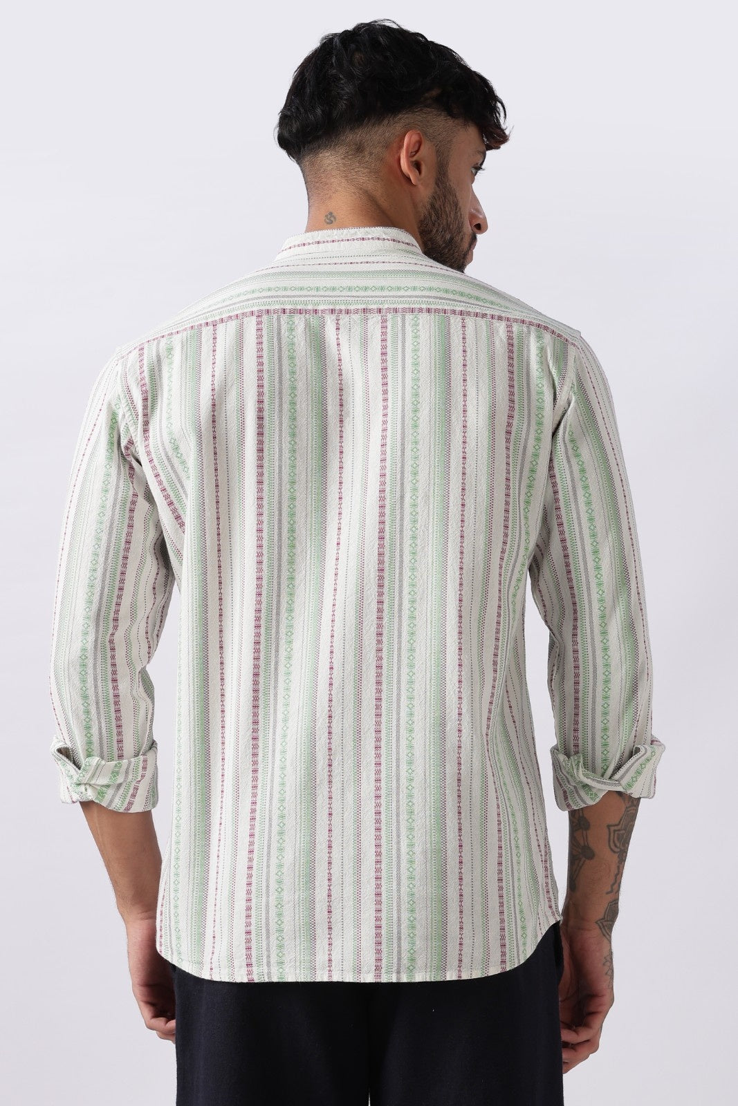 Ivory Green Dobby Stripe Short Kurta Uri
