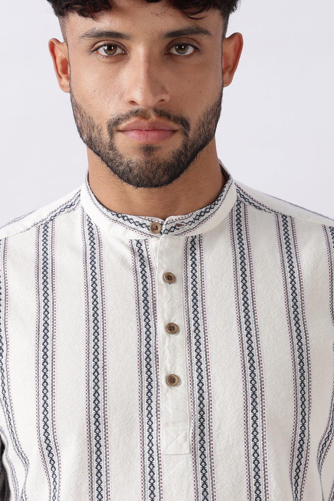 Off White Blue Dobby Stripe Short Kurta Uri