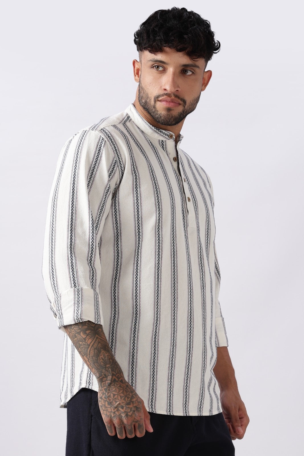 Off White Blue Dobby Stripe Short Kurta Uri
