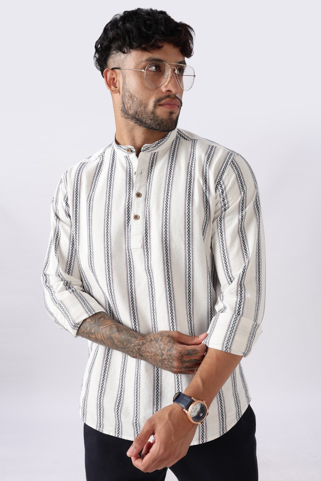 Off White Blue Dobby Stripe Short Kurta Uri