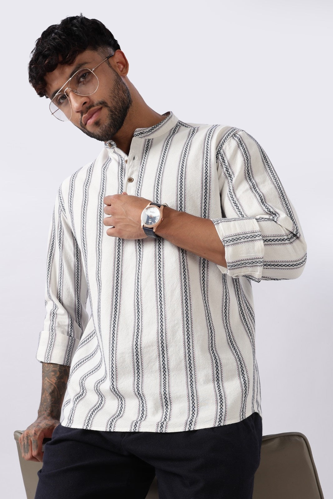 Off White Blue Dobby Stripe Short Kurta Uri