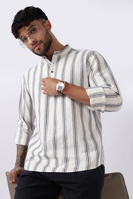 Off White Blue Dobby Stripe Short Kurta Uri