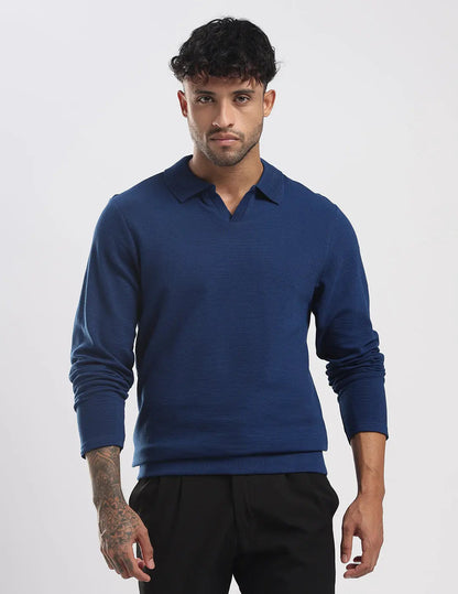 Men's Ottoman Rib Knit Deep Blue Polo Vellure