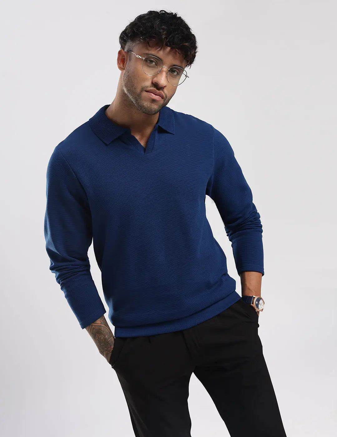 Men's Ottoman Rib Knit Deep Blue Polo Vellure