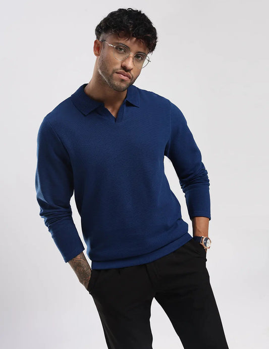 Men's Ottoman Rib Knit Deep Blue Polo Vellure
