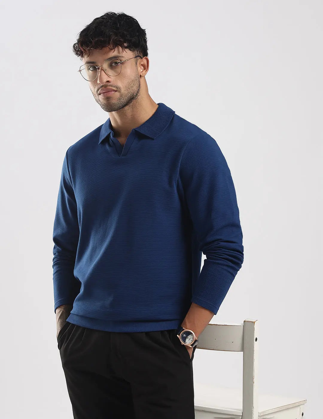 Men's Ottoman Rib Knit Deep Blue Polo Vellure