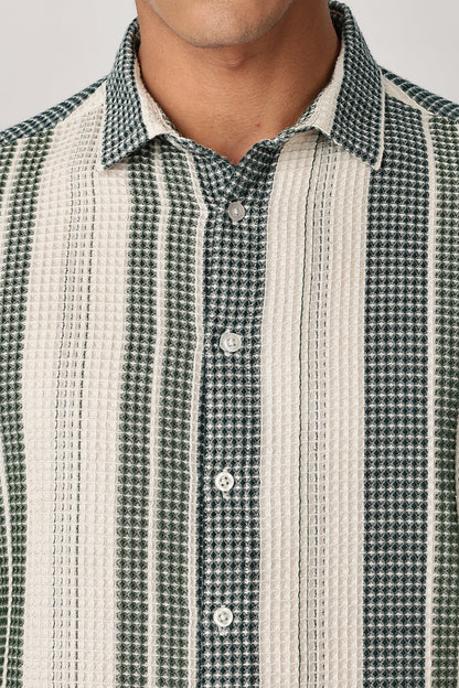 Uri Off White and Green Textured Stripe Shirt