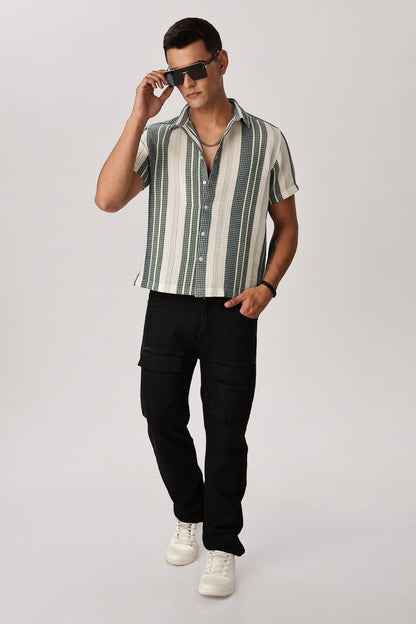 Uri Off White and Green Textured Stripe Shirt