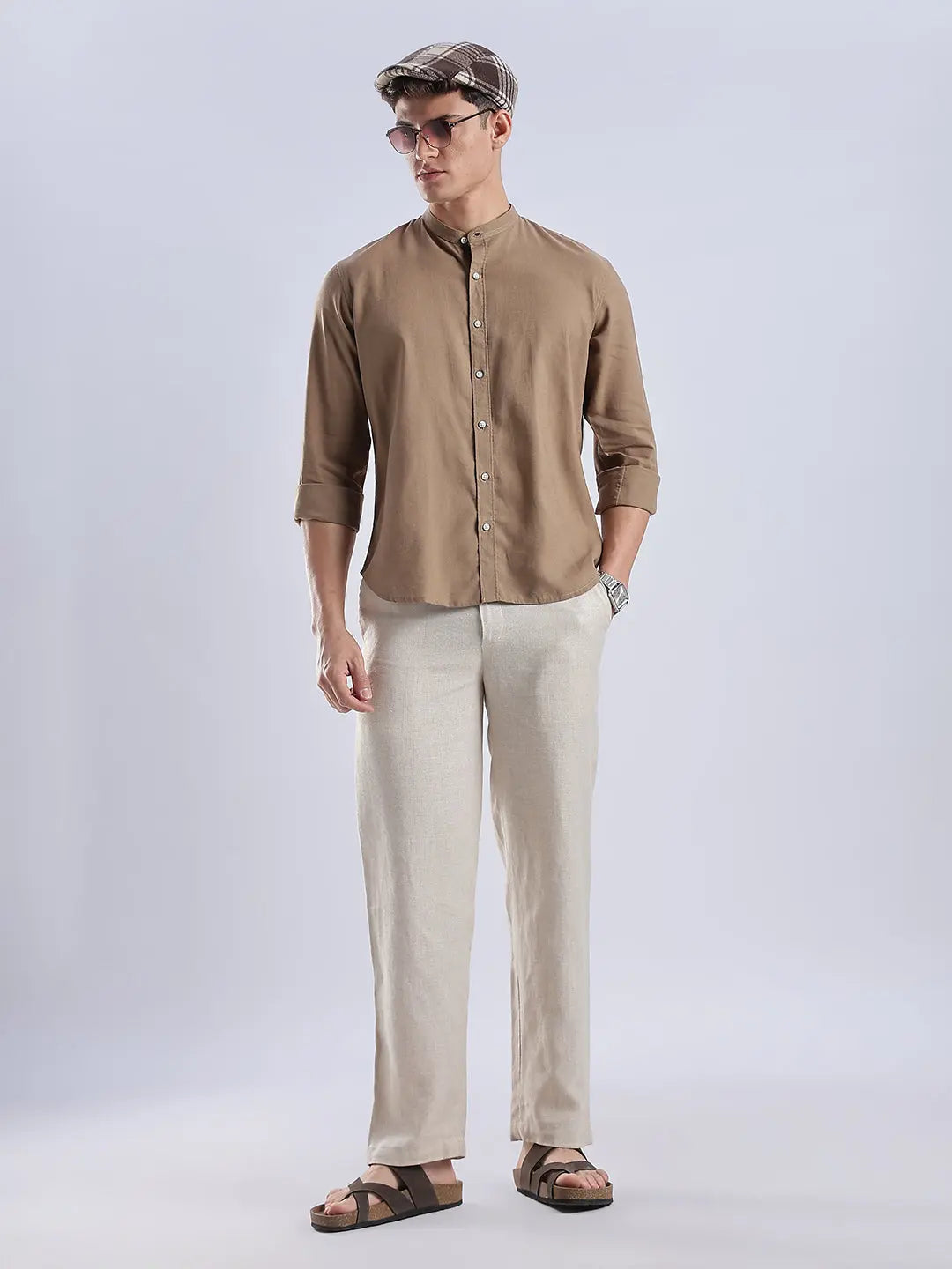 Men's Linen Mandarin Neck Mocha Dust Shirt Vellure
