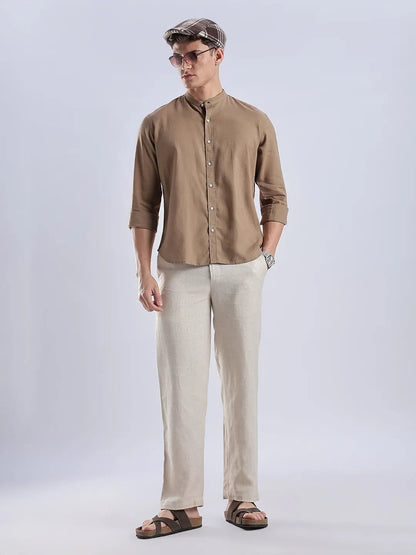 Men's Linen Mandarin Neck Mocha Dust Shirt Vellure