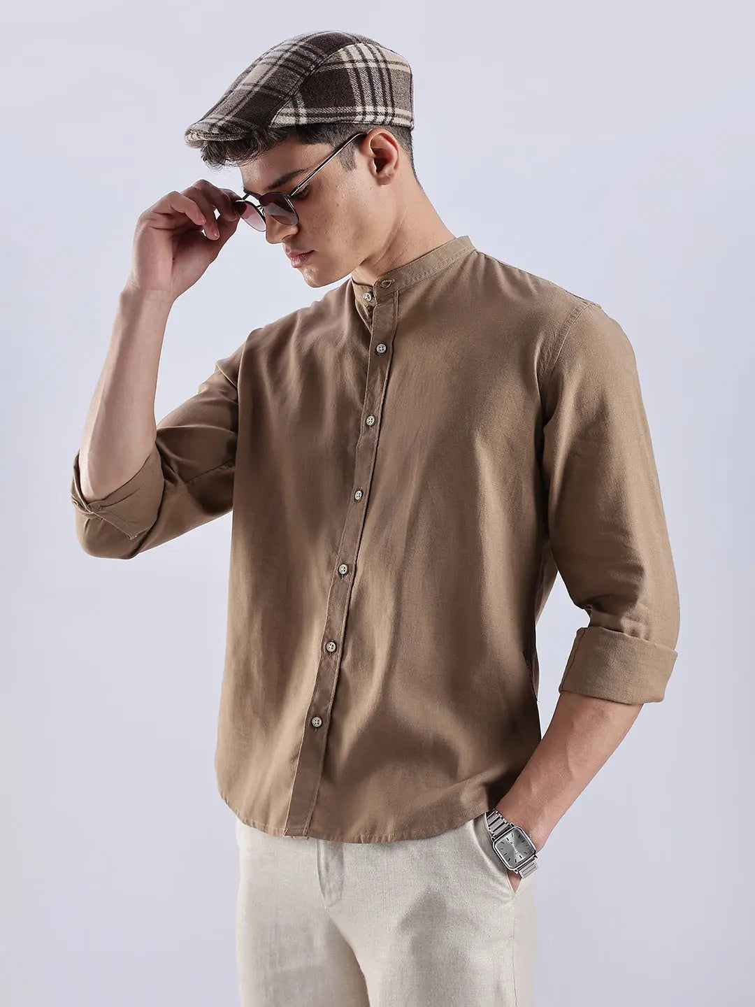 Men's Linen Mandarin Neck Mocha Dust Shirt Vellure