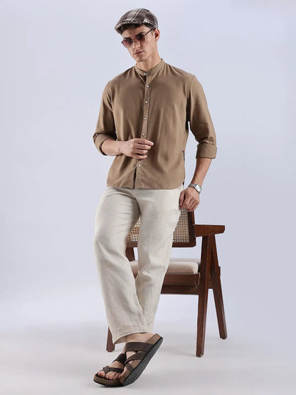 Men's Linen Mandarin Neck Mocha Dust Shirt Vellure