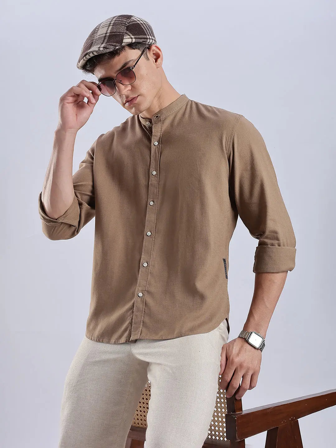 Men's Linen Mandarin Neck Mocha Dust Shirt Vellure