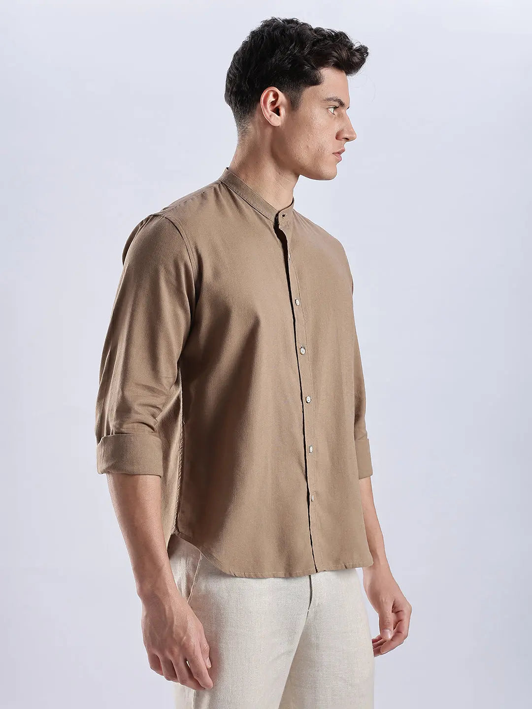Men's Linen Mandarin Neck Mocha Dust Shirt Vellure