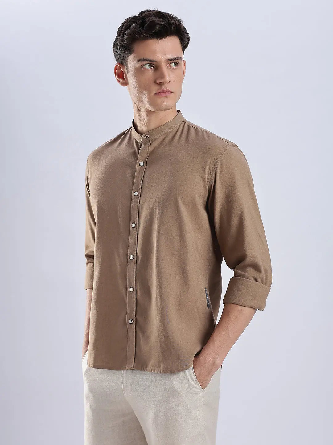 Men's Linen Mandarin Neck Mocha Dust Shirt Vellure