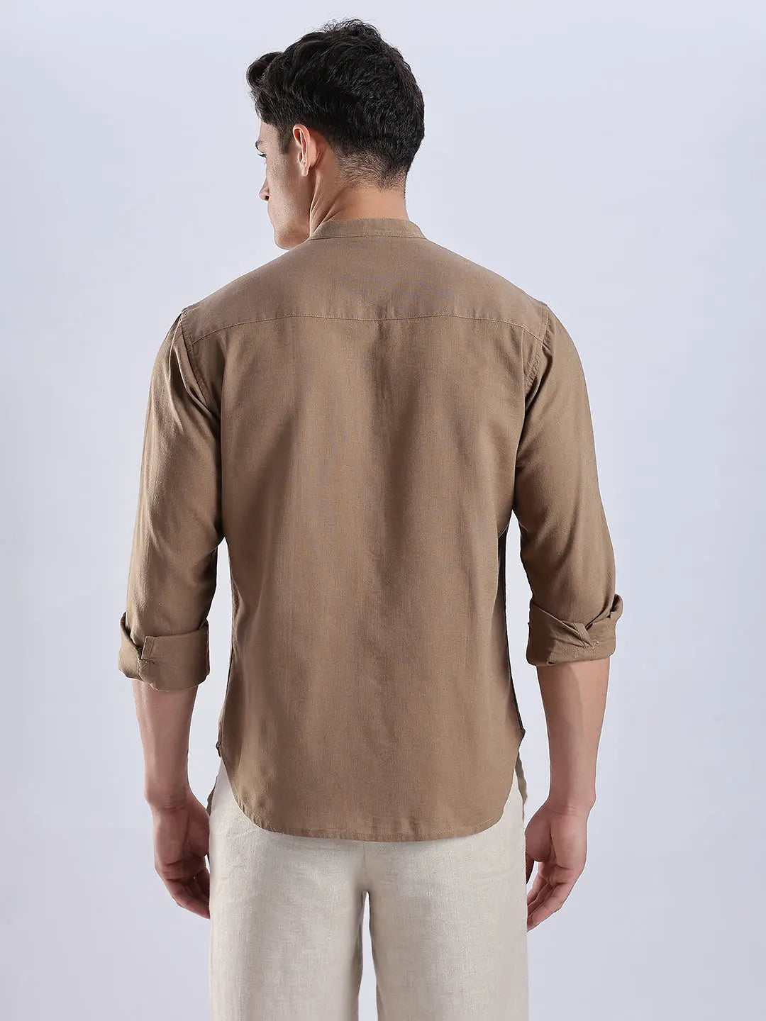 Men's Linen Mandarin Neck Mocha Dust Shirt Vellure