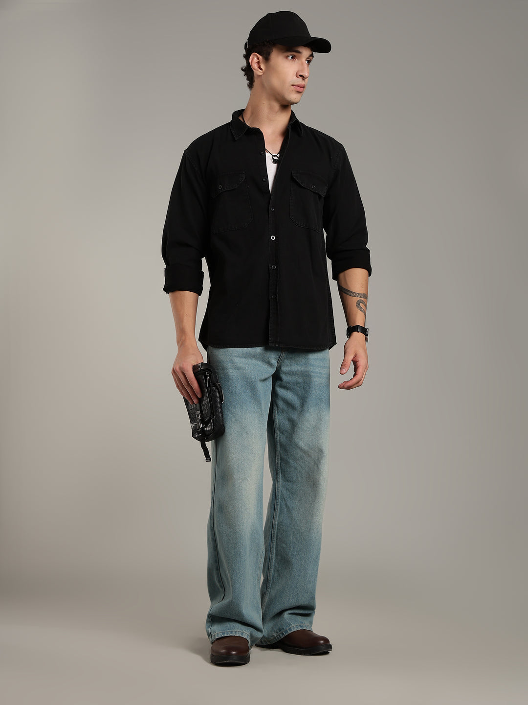Double Flap Pocket Shirt- Relax/Baggy Fit - BLACK