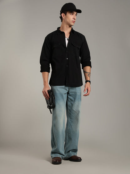 Double Flap Pocket Shirt- Relax/Baggy Fit - BLACK