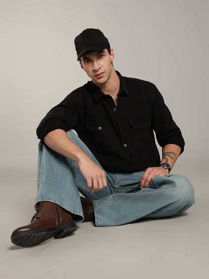 Double Flap Pocket Shirt- Relax/Baggy Fit - BLACK