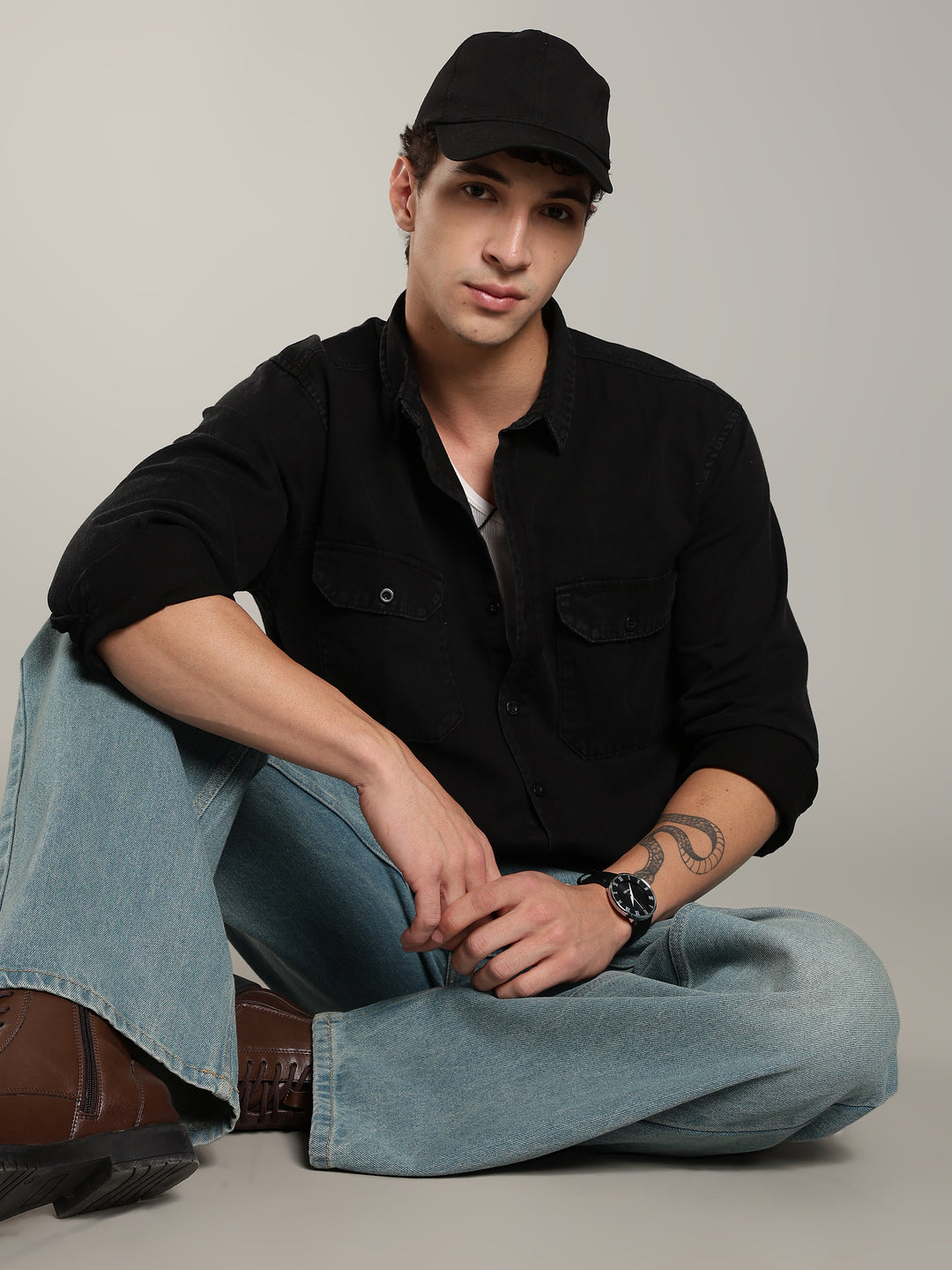 Double Flap Pocket Shirt- Relax/Baggy Fit - BLACK