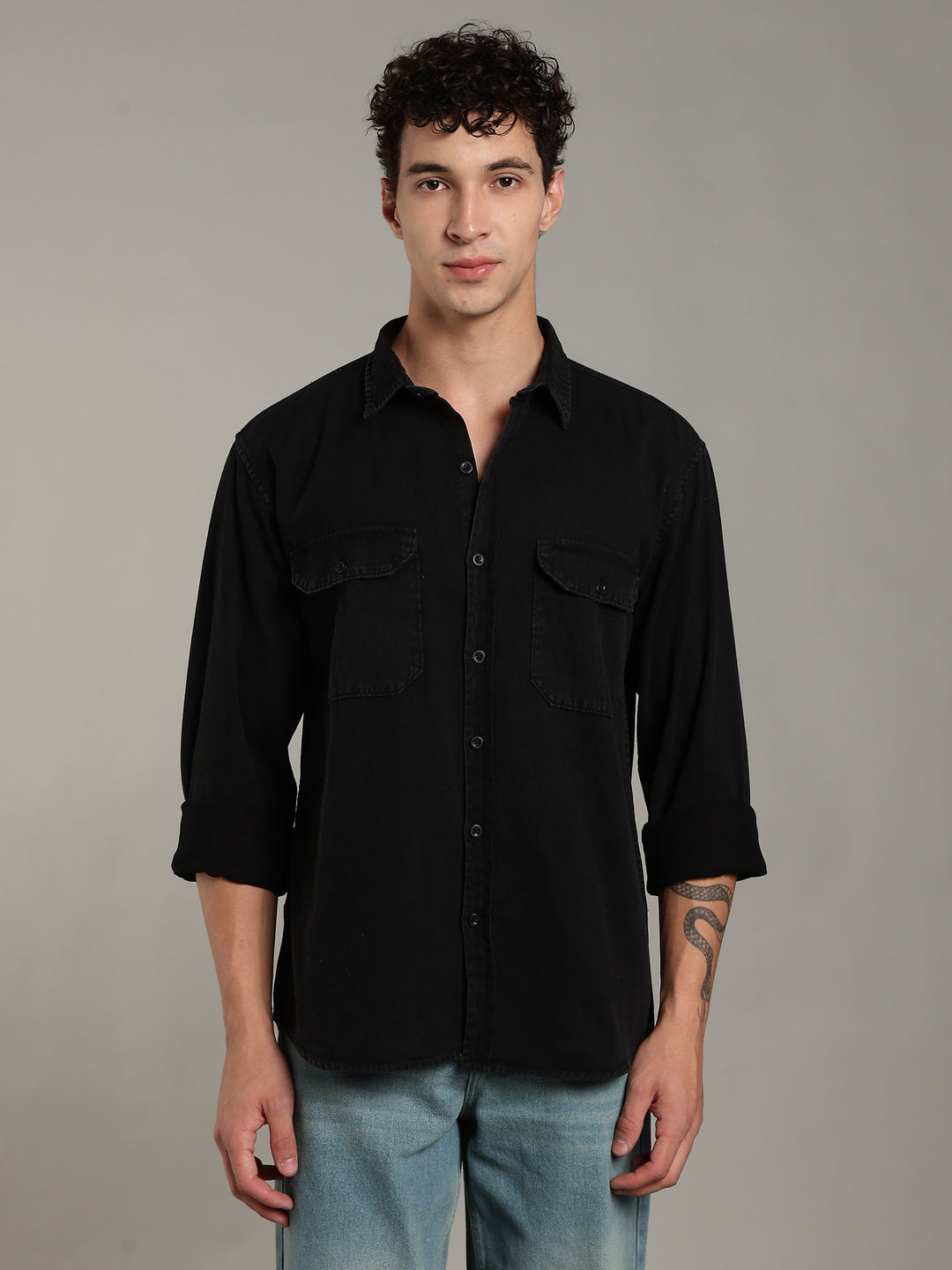 Double Flap Pocket Shirt- Relax/Baggy Fit - BLACK