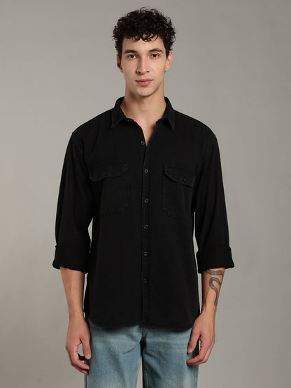 Double Flap Pocket Shirt- Relax/Baggy Fit - BLACK